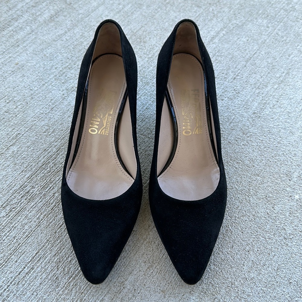Salvatore Ferragamo black suede pointed toe kitten heels